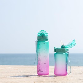 OLDLEY Kids Water Bottle for School, 17 oz (2 lids) BPA-Free Reusable Leak-proof Durable Tritan Plastic Water Bottles with Straw & Chug Lids, Anti-dust Spout Cover (Green Purple)