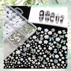 RODAKY White Nail Charms Aurora 3D Bow Butterfly Charm for Nails Mixed Size Nail Art Pearls Rhinestone Gems Camellia Flower Charms with Caviar Beads 24-Grid Box Crafts Embellishment