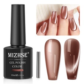 MIZHSE Cat Eye Gel Nail Polish: Brown Magnetic Gel Polish with Magnet Stick, Ceramic Crystal Effect Galaxy Moonlight Shimmer Glitter Holographic Nail Gel Soak Off Nail Art Salon Manicure Home