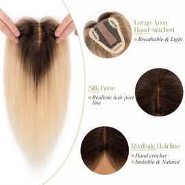 Benehair Hair Toppers for Women Real Human Hair 100% Remy Human Hair Pieces for Women with Thinning Hair 8 * 10cm Lace Silk Base 12 Inch 35g Clip in Hair Extension Ombre Light Blonde