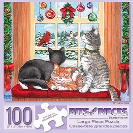 Bits and Pieces - 100 Piece Large Piece Family Jigsaw Puzzle for Adults & Kids - 15" x 19" - Window Cats - 100 pc Christmas Holidays Winter Snow Kittens Jigsaw by Parker Fulton