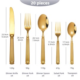 20-Piece 18/10 Gold Flatware for 4, Forged Silverware Set, High End Thick Handle Heavy Duty, Luxury Design, Dishwasher Safe