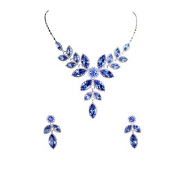 Faship Gorgeous Blue Rhinestone Crystal Floral Necklace Earrings Set - Blue