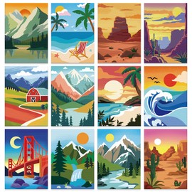 12 Packs Pre Drawn Canvas to Paint for Adults, Pre Printed Canvas for Kids, Pre Stretched Canvas Outline Painting Boards for Beginners, Students, Party Favor (5 * 7 inch, Landscape)