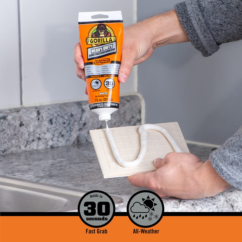 Gorilla Heavy Duty Construction Adhesive, 7 Ounce Squeeze Tube, White,