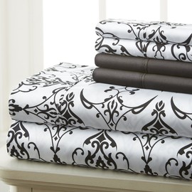 Full Size Bed Sheets Set Deep Pockets - 6PC Floral & Swirl Ultra Soft Microfiber Bed Sheets - Easy to Clean, 90 Thread Count Sheets with Fitted Sheet, Flat Sheet & Pillowcases (Black/White Scroll)