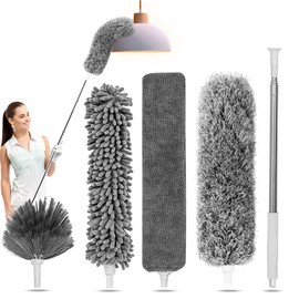 Duster for Cleaning 5-in-1 Kit, 100 Inches Duster with Extension Pole, Extendable Duster, Microfiber Feather Duster, Cobweb Dusters for High Ceilings, Furniture, Blinds, Wall- Grey