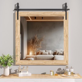 Hasipu Farmhouse Bathroom Mirror, 31"x31" Rustic Wood Framed Wall Mounted Mirror, Brown Vintage Vanity Mirror Barn Door Style Decrative Mirrors
