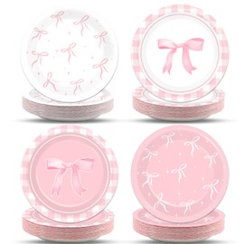 Justforjoyful 48pcs Pink Bow Party Supplies Bow Birthday Party Plates 7 Pink Bow Party Decor for Girl Bachelorette Bridal Engagement Baby Shower Coquette Cute Tableware Dinnerware Party Favor for 48 Guests