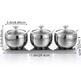 JOUTYFOR 3 Grids 304 Stainless Steel Seasoning Containers Set with Lid Spoon and Tray, Condiment Jar Spice Container, Condiment Canisters Pots for Serving Sugar, Pepper, Salt, Spice