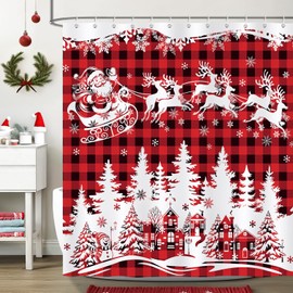 COZZSNUGE Christmas Shower Curtain, Red Buffalo Plaid Santa Claus Reindeer Xmas Village Winter Shower Curtain for Bathroom Waterproof Polyester Fabric with 12 Hooks, 72 x 72 Inches