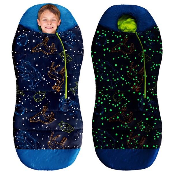 AceCamp Glow in The Dark Mummy Sleeping Bag for Kids and Youth, Temperature Rating 30°F/-1°C, Water-Resistant for Camping, Hiking, and Slumber Party (Blue, Kid's)