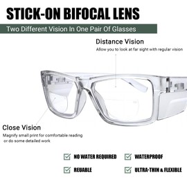 MZWOTO 2 Pack Stick on Readers, Clear Magnified Bifocal Lenses Convert Eyewear into Reading Glasses, Reusable No Water Needed, +250