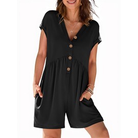 MEROKEETY Women's Summer Cap Sleeve Jumpsuits 2025 Casual V Neck Button Short Romper with Pockets, Black, X-Large