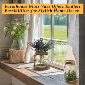 Farmhouse Glass Vase, Vintage Flower Vase with Wood Frame and Metal Handle for Rustic Housewarming Home Decor Floral Arrangements Living Room Dining Room Kitchen (Flowers NOT Included)