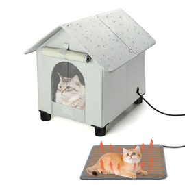 Heated Cat Houses in Winter Waterproof, Elevated Heated Outdoor Cat House Insulated Outside Feral Cat House Shelter with Escape Door for Cats or Small Dogs (Grey, Small (13.4"x16.9"x18.5"))