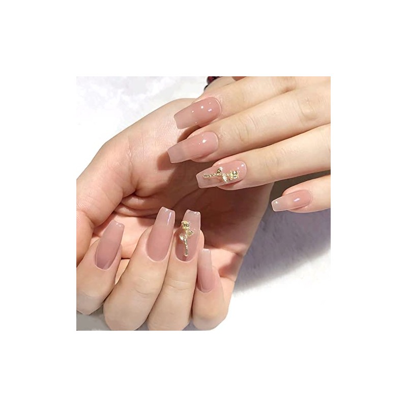 24pcs Nail Tips Golden Rose Nudy Long Square Nails