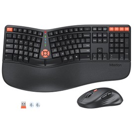 MEETION Ergonomic Keyboard and Mouse, 2.4G Wireless/Bluetooth Split Keyboard with Cushioned Palm Rest, 4 DPI Adjustable Mouse, Full Size Multi-Device Keyboard for Windows/Mac/PC/Laptop, Black