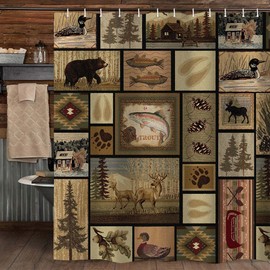 Hajmsug Rustic Lodge Shower Curtain, Cabin Retro Bear Moose Lodge Vintage Farmhouse Shower Curtain Sets, Wild Duck Leaves Mountain Hill Retro Decor Barhroom Curtain with Hooks, 69''X70''