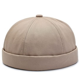 Brimless Skullcap No Visor Rolled Cuff Retro Docker Beanie Cap for Men & Women Khaki