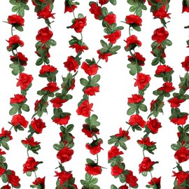 DBOO Artificial Fake Rose Garland - 2pcs 8ft Realistic Silk Rose Vines for Wedding Arch, Home & Party Decor, Durable & Eco-Friendly (Red, 45 Heads)