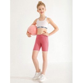 Naiyafly Girls Volleyball Bike Shorts Stretch Youth Athletic Gymnastics Shorts Kid Yoga Dance Compression Shorts with Pocket Pink