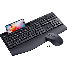 Ergonomic Wireless Keyboard and Mouse Combo,LIZRROT 2.4GHz Silent Full-Size Mouse and Keyboard,Wrist Rest,Phone Holder,Compatible with Windows, PCs, Laptops