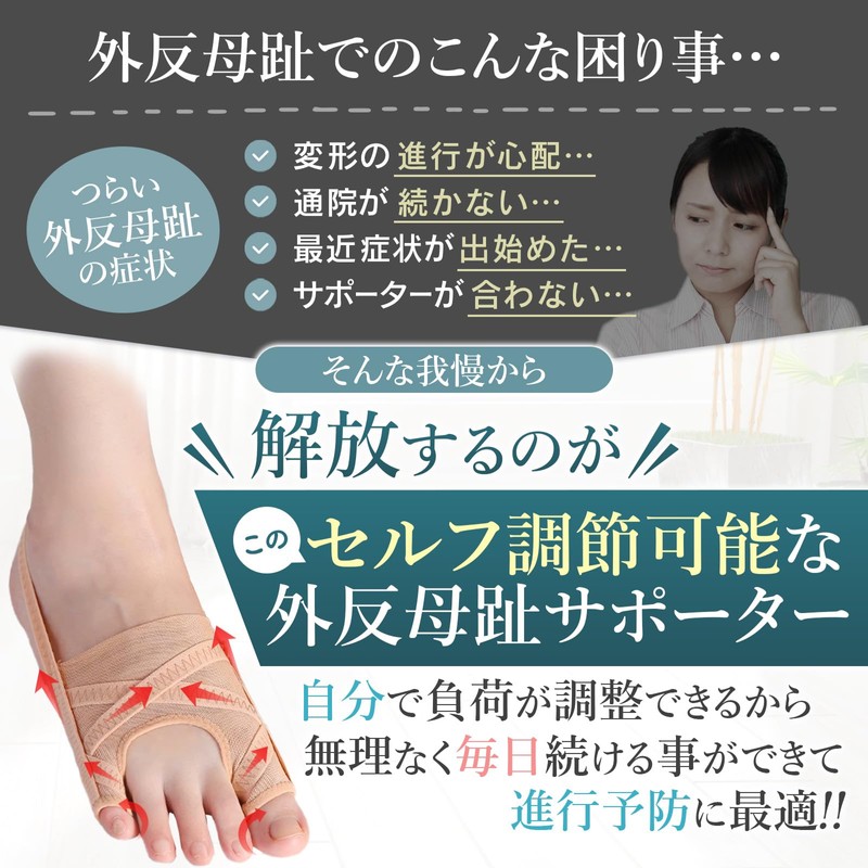 外反母趾サポーター 【医師監修】母趾・小趾サポーター 5段階調整フック付き 足指を広げるセルフチェックシート セルフケアガイド付き 2枚入り ベージュ HST factory (M:23~26cm)