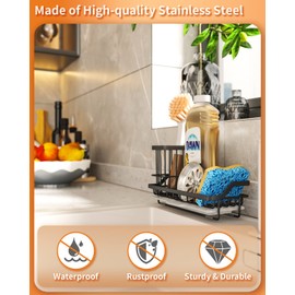 SWTYMIKI Kitchen Sink Caddy, Detachable Dish Brush Holder+Drain Tray, Sponge Holder for Kitchen Sink, Sink Organizer for Sink Accessories Dishes Sponges Sink Stopper, Black