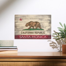Lantern Press 10x15 Inch Wood Sign, Ready to Hang Wall Decor, Santa Monica, California, Rustic California State Flag