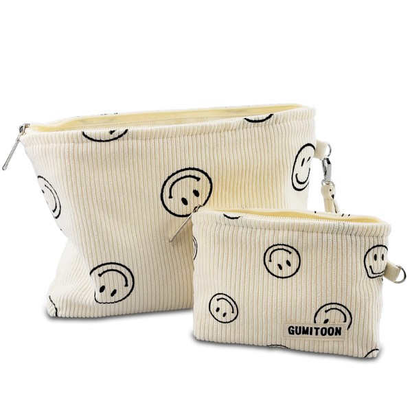 GUMITOON 2pcs Cosmetic Bags,makeup bag for women,aesthetic organizer toiletry bags,travel essentials,travel size toiletries,a small make up bag and a big make up bag(smiley face bag)