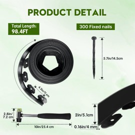 No Dig Landscape Edging 2" x 98.4FT Kit, Plastic Edging for Landscaping with 300 Spikes, for Garden, Lawn, Flower Beds and Yard, Black