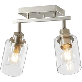 LOUSACE 2 Light Brushed Nickel Bathroom Vanity Track Light Fixtures Ceiling Mount Kitchen Track Lighting Kit with Clear Glass Shade, Modern Wall Ceiling Rotatable Tracking Light Heads for Accent Shop