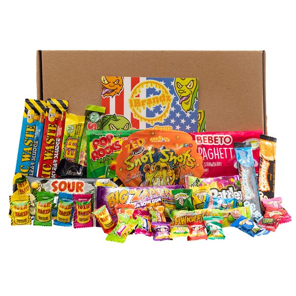 Super Sour Sweet Gift Box Hamper 34 Treats Ultimate American and World Candy. Gift for Children or Adults as Birthday Christmas Easter Gift. Extreme Sour Warheads Toxic Waste etc