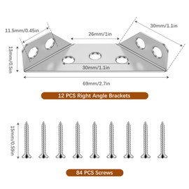 12 PCS Corner Connector, Stainless Steel Corner Connector with 84PCS Screws, Angle Fastener Corner Brackets Fixing Shelf Brackets for Wood Cabinet Furniture Tables and Chairs
