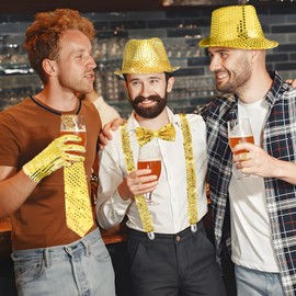 RoserRose 70s 80s Glitter Accessories Men's Glitter Outfit Men's Disco Costume with Sequins Hat, Braces, Bow Tie, Sequin Costume for Fancy Dress Party