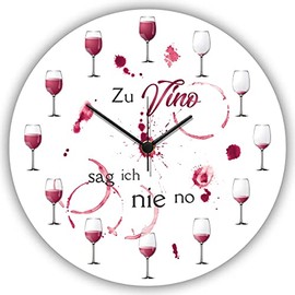 GRAVURZEILE Wall Clock Made of Wood "Zu Vino sag ich nie no" - Wine Gift Decoration Idea - 100% Silent No Ticking Absolutely Silent - 30 cm Diameter - Design Wall Clocks for Living Room, Bedroom and