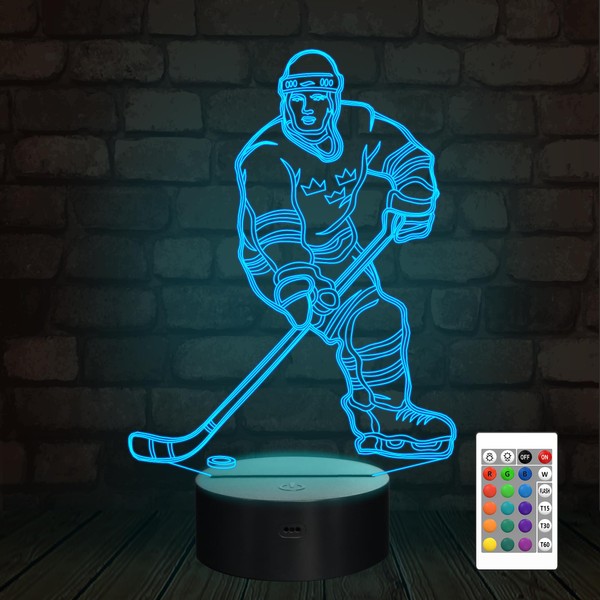 FULLOSUN 3D Ice Hockey Night Light, Athlete Illusion LED Lamp 16 Colors Changing Remote Control Sport Fan, Bedside Home Decor Xmas Birthday Gift for Kid Children