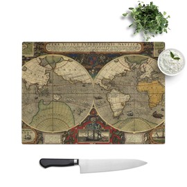 Kitchen Chopping Board Glass - Henricus Hondius II - Vintage World Map 4 - Textured Worktop Saver Cutting Board - Heat Resistant, Shatterproof and Hygenic - 28.5 x 20 cm