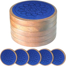 EDEGG Wood Coasters for Drinks, Absorbent Coaster Sets of 5, Drinks Coasters for Coffee Tabletop Protection, Non-Slip, Non-Stick, Suitable for Kinds of Cups Wooden Table Drink, 4.3 Inches Blue