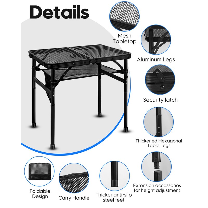 MSDADA Folding Grill Table, Height Adjustable Aluminum Table with Mesh