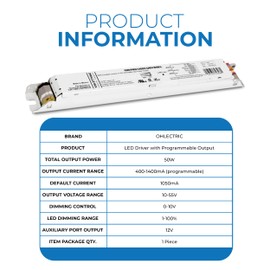 OHLECTRIC Replacement for OTi 50/120-277/1A4 DIM-1 L AUX G2 Linear 120-277V LED Driver with Programmable Output, 400-1400mA & 10-55V, 50 Watts Power. LED Dimmer, 1-100% LED Dimming Range
