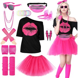 Disfraz de los 1980 para Mujeres, 25 Conjunto accesorios de disfraces Años 80 90,Temáticas con Tutus, Guantes, Collar, Riñonera,Gafasy más Ideal para Fiesta Disco o Temática