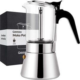 Geesta Premium Crystal Glass-Top Stovetop Espresso Moka Pot - 4/6/ 9 Cups - Stainless Steel Coffee Maker- 160ml/5.6oz/4 cup (espresso cup=40ml)