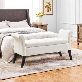Yaheetech Fabric Modern Tufted Large Storage Bench with Rolled Arms Cushioned Storage Bench Entryway Bench Functional Storage Bench Footstool Foot Rest for Living Room Bedroom Window Side Fresh White