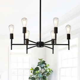 NILSE Black Chandelier, 6-Light Dining Room Chandelier Rotatable Bulb Socket Industrial Vintage Ceiling Light Fixture, Height Adjustable Pendant Light for Kitchen Island Living Dining Room