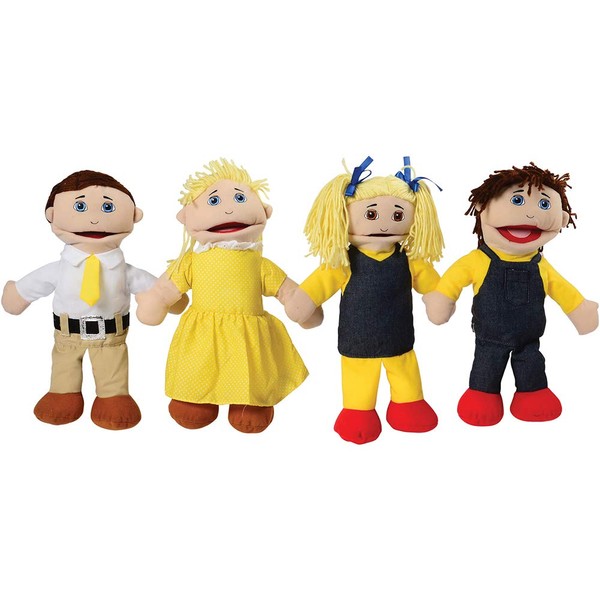 Constructive Playthings Caucasian Puppets Set of 4 with 15" Mother & Father and 13" H. Sister & Brother with Yarn Hair and Embroidered Facial Features for Ages 19 Months and Up, Model Number: HAL-94