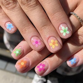 Flower Press on Nails Short Square Fake Nails Nude Pink Full Cover False Nails with Polychrome Floral Designs Spring Nails Glossy Stick on Nails Reusable Nails for Women Girls 24 Pcs
