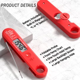 ModHm Digital Meat Thermometer – Fast & Accurate Wireless Food Thermometer for Cooking, Baking, BBQ, Oven, and Kitchen Use – Meat Thermometer Probe with 304 Stainless Steel (Red)