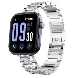 Blueshaweu GTX12 watch Women Jewelry Bling Diamond Metal Dressy Strap Adjustable Replacement Strap Accessories Compatible for Fitpolo,ENOMIR, Tensky GTX12 / uaue, QXQ, QCOQ T60 Smart Watch (Silver)